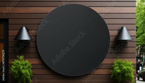 Close up circle black blank empty mockup of street store template signboard on empty wood wall