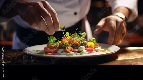 beautiful plate of food served in restaurant, gourmet, waiter food service, dinner, lunch