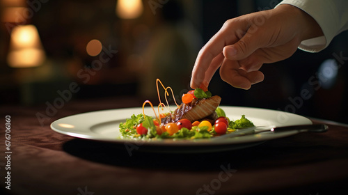 beautiful plate of food served in restaurant, gourmet, waiter food service, dinner, lunch