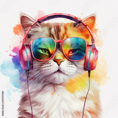 Dj cat with headphones and sunglasses Illustration, Generative Ai