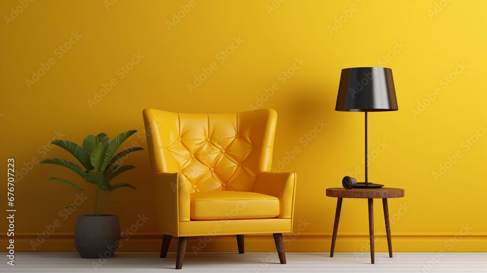 modern bright yellow interior design, white chair with minimalist table, trendy living room modern bright yellow interior design, white chair with minimalist table, trendy living room