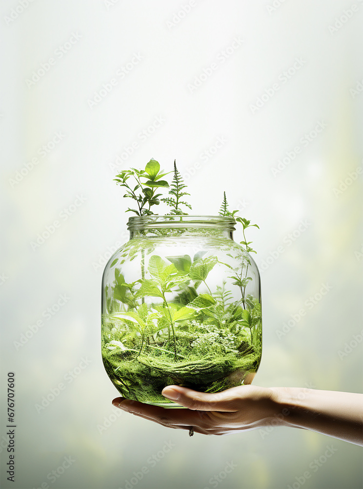 Women hand holding glass jar with eco biotope. Nature conservation concept