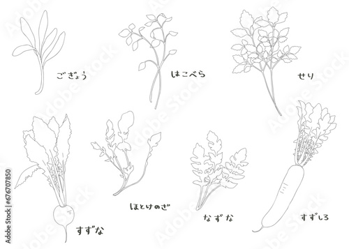 春の七草　手書きの線画　イラストセット　