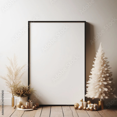 Mockup for logo, poster, drawing, painting. Aesthetic photo, for cosmetics, women, beauty salons, drawing. New Year's atmosphere, Christmas tree.	