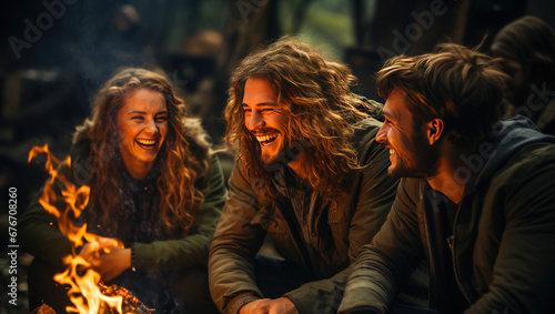 A group of young friends laughs near a fire at a campsite in the evening