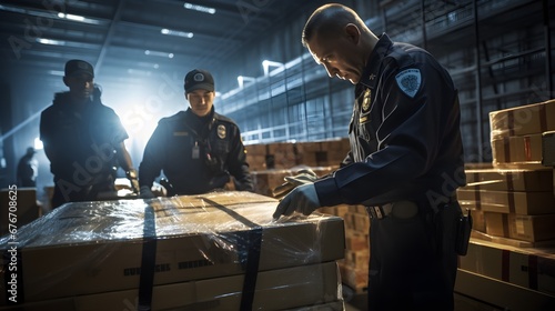 Custom inspection process, medium shot of officers meticulously checking imported goods, emphasizing the scrutiny and formalities required for global trade. photo