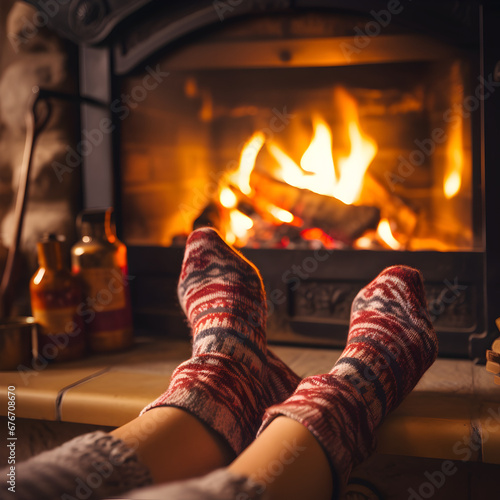 Feet warming by a fireplace. Generative ai. 
