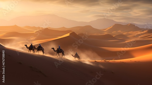 Desert caravan in motion, panoramic shot of camels and traders crossing vast desert expanses, showcasing age-old trade routes amidst nature's majesty.