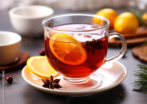 A glass cup of hot tea with lemon on the table