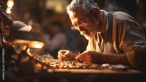 Artisan at work, close-up shot of a local craftsman intricately working on a piece, emphasizing the skills behind products that reach global markets. photo
