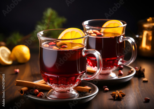Two glasses of mulled wine on the wooden table surrounded by Christmas decorations. Festive winter drink