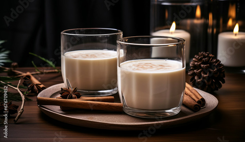 Christmas milk drink with spices, eggnog, in glass glasses, holiday mood.