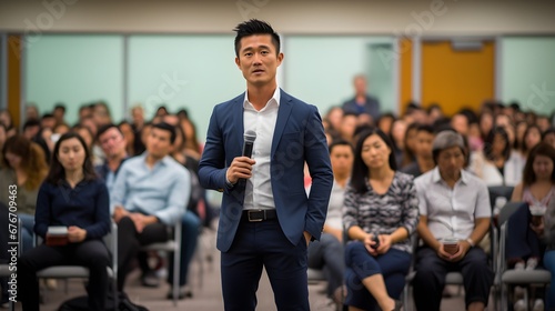 Wallpaper Mural Intense pitch session, eye-level shot of a passionate entrepreneur articulating their vision to an attentive audience, the backdrop showcasing a compelling presentation slide. Torontodigital.ca
