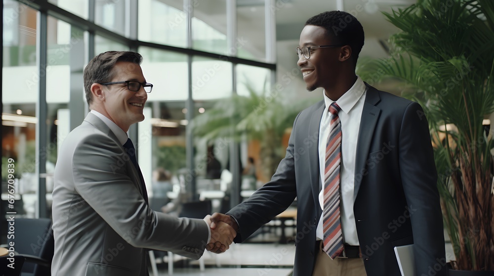 Wisdom exchange, low-angle shot of a seasoned mentor sharing insights with an attentive young entrepreneur, a handshake cementing their mentor-mentee bond. Wisdom exchange, low-angle shot of a seasoned mentor sharing insights with an attentive young entrepreneur, a handshake cementing their mentor-mentee bond.