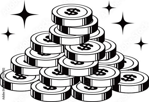 積みあげた＄マークのついたドルコイン塊イラスト