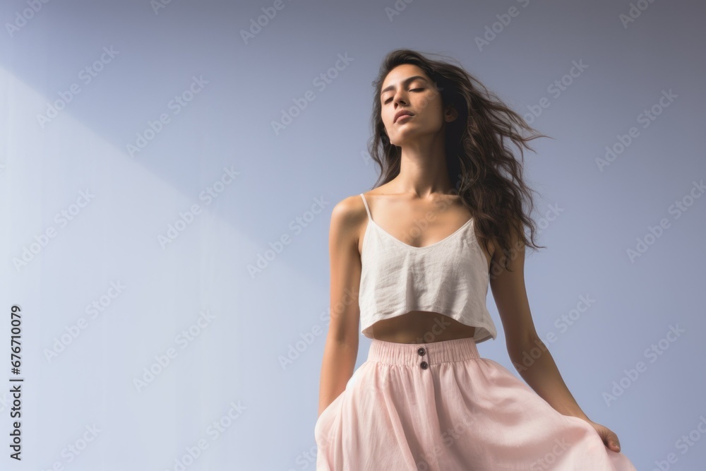 Portrait of a beautiful woman with closed eyes in a pink dress and white top. Isolated on a neutral background. Generative AI.