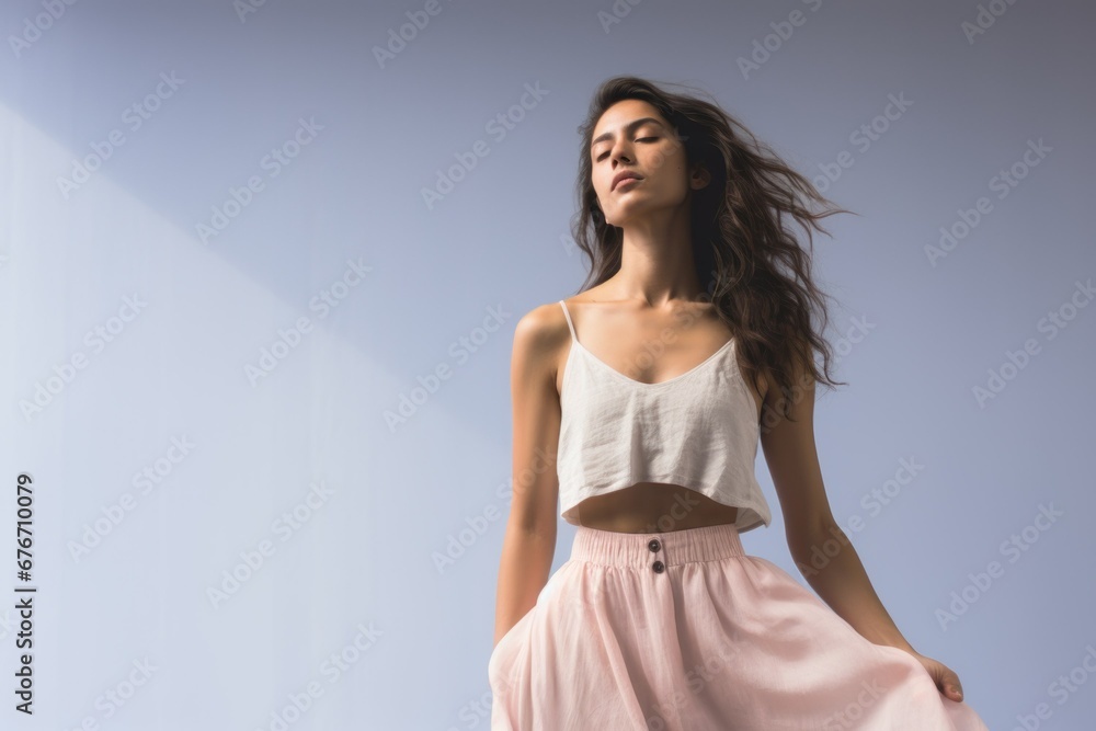 Portrait of a beautiful woman with closed eyes in a pink dress and white top. Isolated on a neutral background. Generative AI. Portrait of a beautiful woman with closed eyes in a pink dress and white top. Isolated on a neutral background. Generative AI.