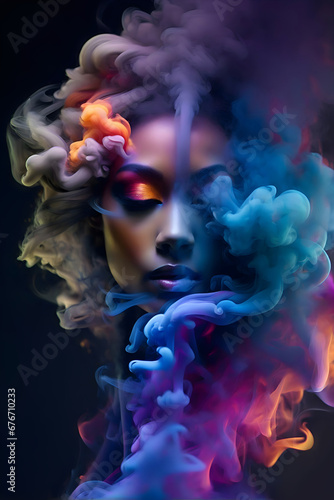 Dreamy colourful abstract portrait of a beautiful dark skinned woman wearing makeup surrounded by whisps of colourful smoke. Portrait shot on dark background