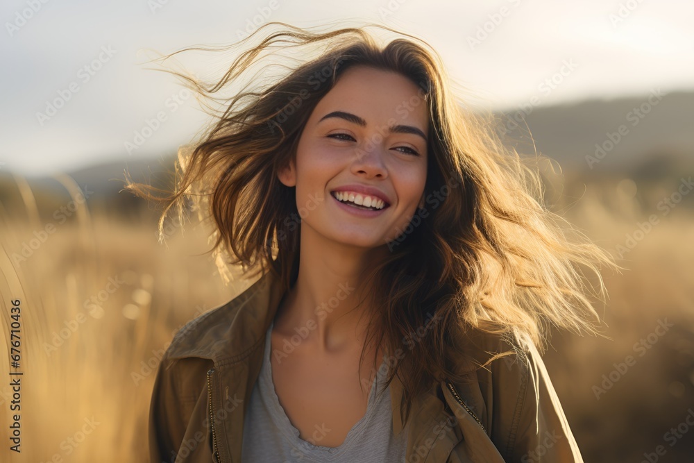 Beautiful Happy Woman Smiling Candidly. Young Brunette Model Outdoor Portrait. Generative AI. Beautiful Happy Woman Smiling Candidly. Young Brunette Model Outdoor Portrait. Generative AI.