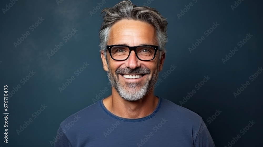 Portrait of a cheerful mature man with gray hair and glasses, wearing a blue shirt against a dark blue background, exuding confidence and charm Portrait of a cheerful mature man with gray hair and glasses, wearing a blue shirt against a dark blue background, exuding confidence and charm