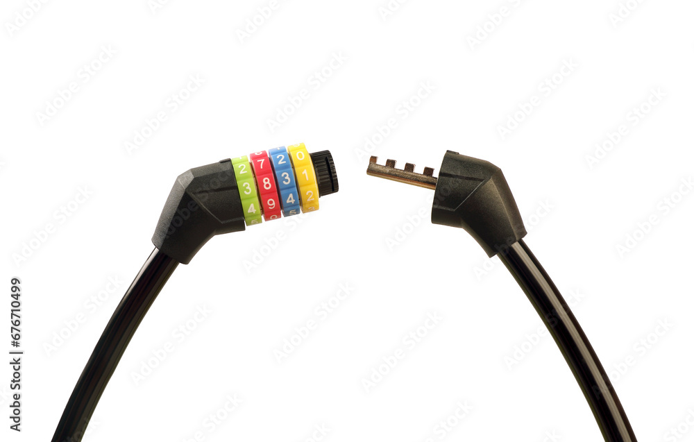 A combination bicycle lock on white background
A combination bicycle lock on white background