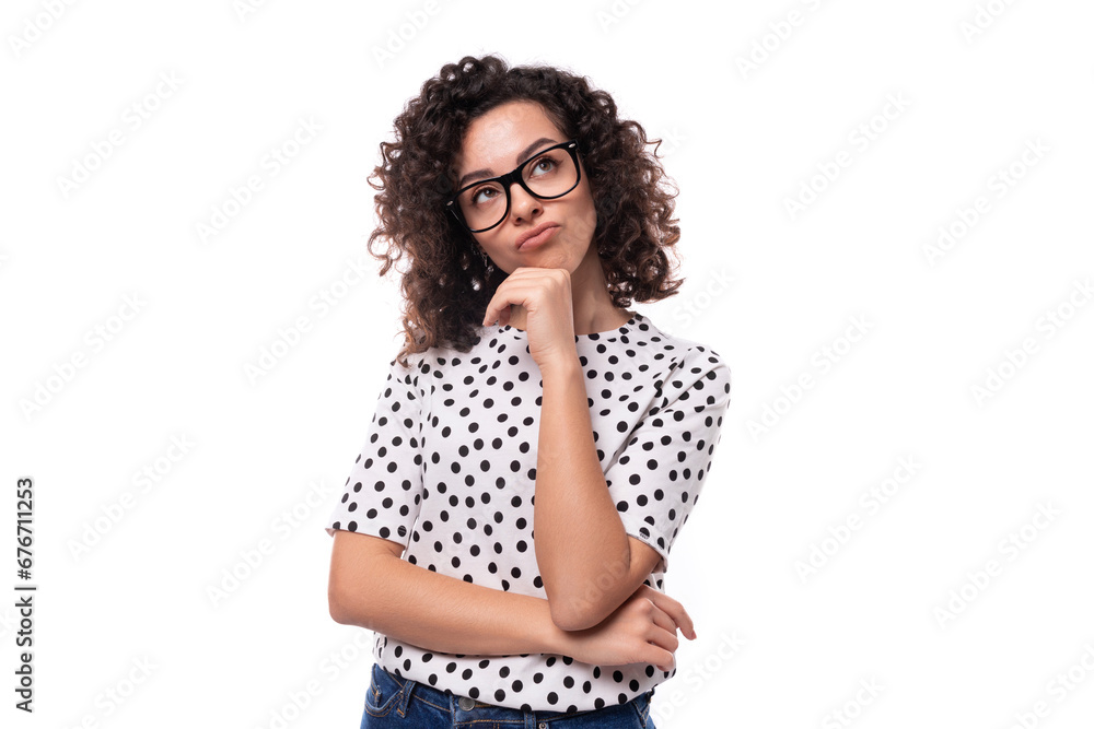young confident leader woman with curly hairstyle dressed in summer short sleeve blouse young confident leader woman with curly hairstyle dressed in summer short sleeve blouse