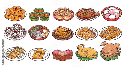 New year foods vector hand-drawn illustration set