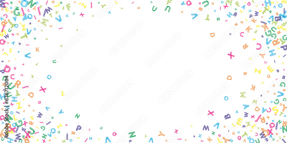 Falling letters of English language. Colorful messy sketch flying words of Latin alphabet. Foreign languages study concept. Good-looking back to school banner on white background. Falling letters of English language. Colorful messy sketch flying words of Latin alphabet. Foreign languages study concept. Good-looking back to school banner on white background.