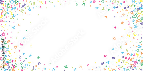 Falling letters of English language. Colorful messy sketch flying words of Latin alphabet. Foreign languages study concept. Good-looking back to school banner on white background.