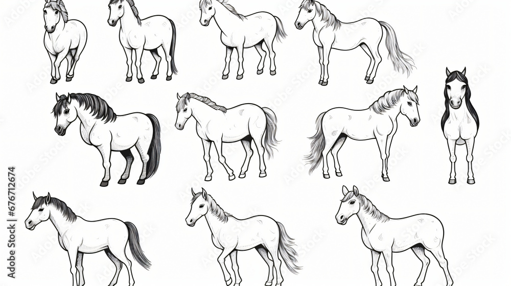 Doodle horse set. Hand drawn sketch style. Cute horse