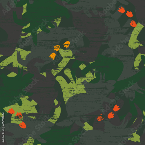 Seamless military pattern with dino. Vector background for textile and fabric, wrapping paper, socks, clothes, web, stationery and other designs.