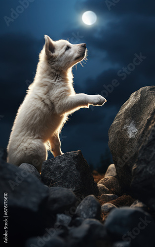 un bébé chien se prend pour un loup et hurle sous la pleine lune photo