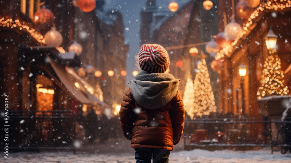 Child and Snowy Tree, Urban Christmas Magic Child and Snowy Tree, Urban Christmas Magic