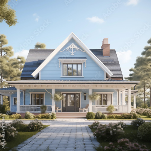 Classic American middle class or upper class family house with blue and white wood facade on a sunny day.  © iconimage