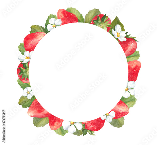 Strawberry Round watercolor Frame. Bright red berries and green leaves with flowers. Summer illustration for cards and invitations. Free space for text