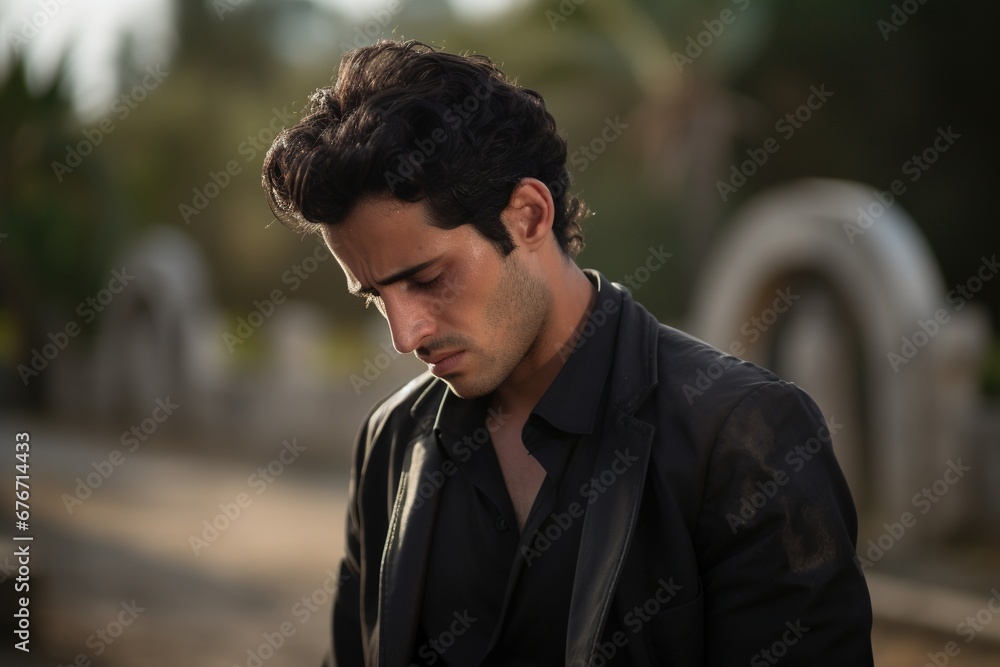 Portrait of a sad and depressed man in a black coat on the background of a cemetery.Funeral Concept Portrait of a sad and depressed man in a black coat on the background of a cemetery.Funeral Concept