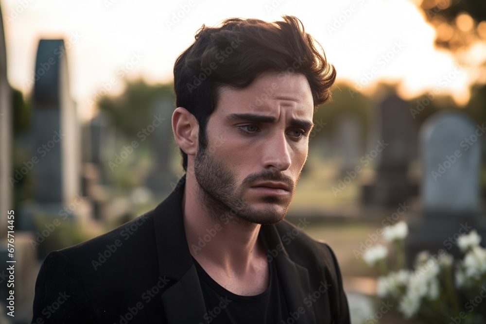 Portrait of a sad and depressed man in a black coat on the background of a cemetery.Funeral Concept Portrait of a sad and depressed man in a black coat on the background of a cemetery.Funeral Concept