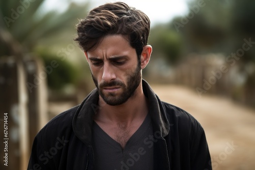 Portrait of a sad and depressed man in a black coat on the background of a cemetery.Funeral Concept