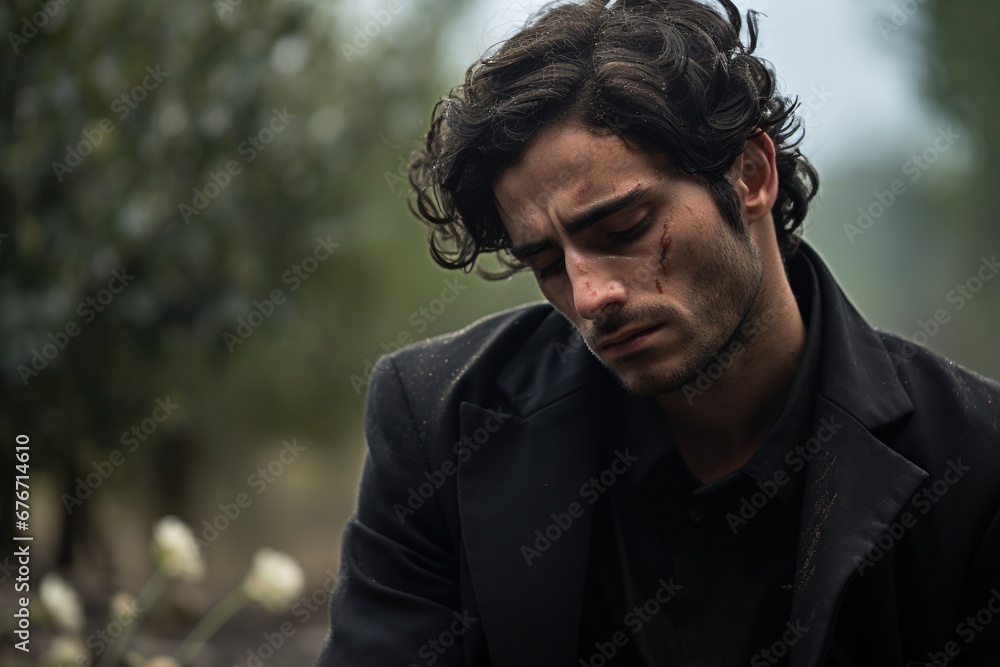 Portrait of a sad and depressed man in a black coat on the background of a cemetery.Funeral Concept Portrait of a sad and depressed man in a black coat on the background of a cemetery.Funeral Concept