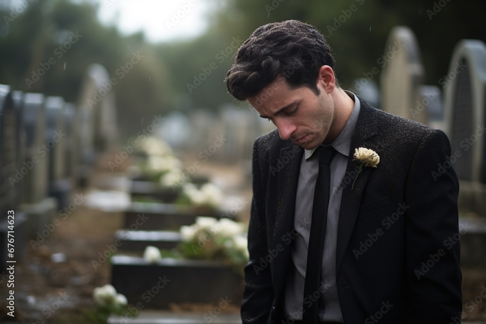 Portrait of a sad and depressed man in a black coat on the background of a cemetery.Funeral Concept Portrait of a sad and depressed man in a black coat on the background of a cemetery.Funeral Concept