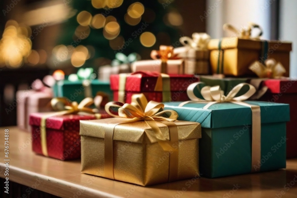 Gift or present boxes on wooden table. Composition for birthday or christmas Gift or present boxes on wooden table. Composition for birthday or christmas