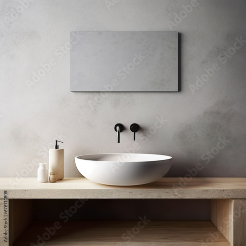Close up of stylish white round vessel sink and black wall mounted faucet. Wooden vanity against concrete wall with copy space. Minimalist loft interior design of modern bathroom.