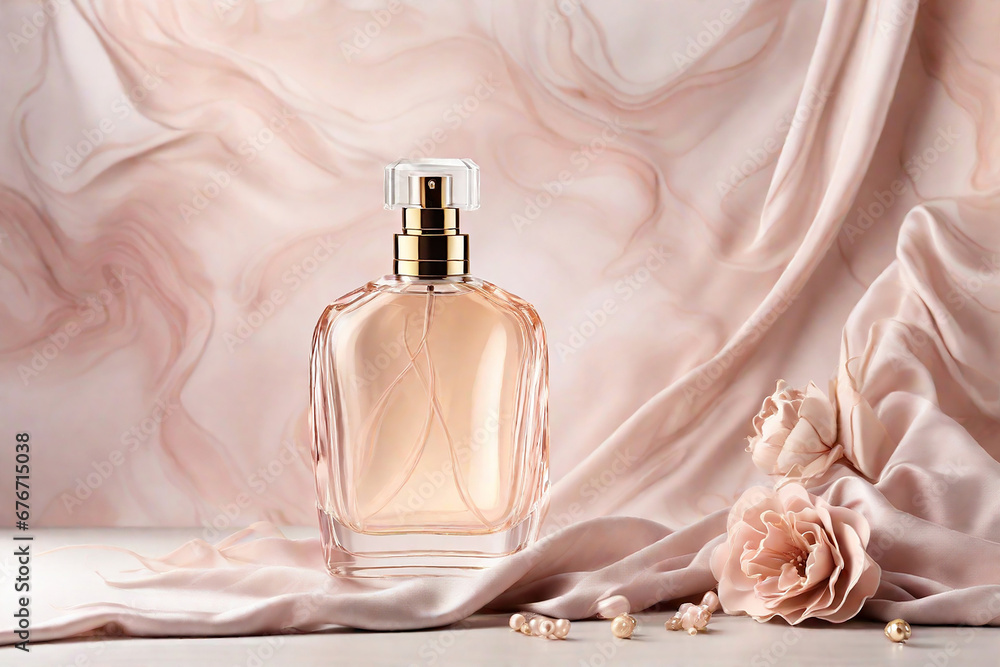 Product mockup for bottle of perfume on flowing abstract delicate cloth background. Cosmetic mockup background in pastel colors. Product mockup for bottle of perfume on flowing abstract delicate cloth background. Cosmetic mockup background in pastel colors.