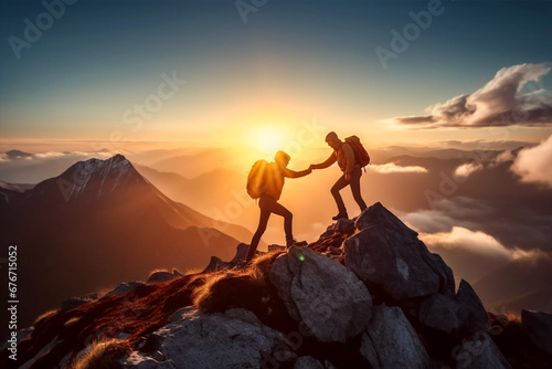 A tourist helps a friend reach the top of the mountain. Outline in sun rays.