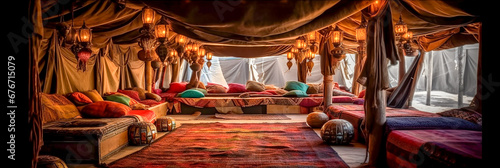 Background inside a Bedouin tent, pillows, carpets, lanterns. photo