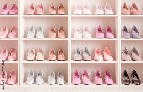 colorful shoes on shelves in white wooden closet on white room background soft light