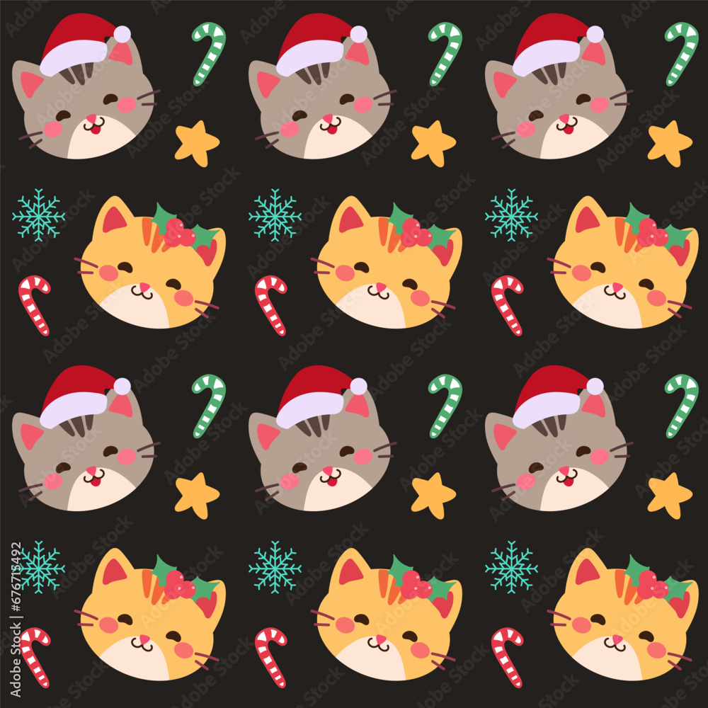 Cute seamless pattern features adorable cats, stars, and festive Christmas elements on a dark background. Cute seamless pattern features adorable cats, stars, and festive Christmas elements on a dark background.