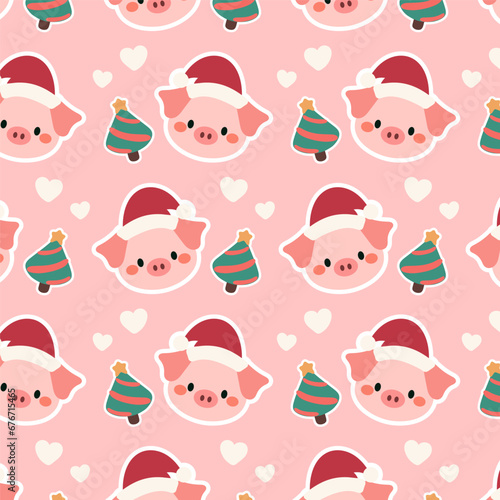 Cute pattern features playful pink pigs, festive Christmas trees, and white heart on a soft pink background.