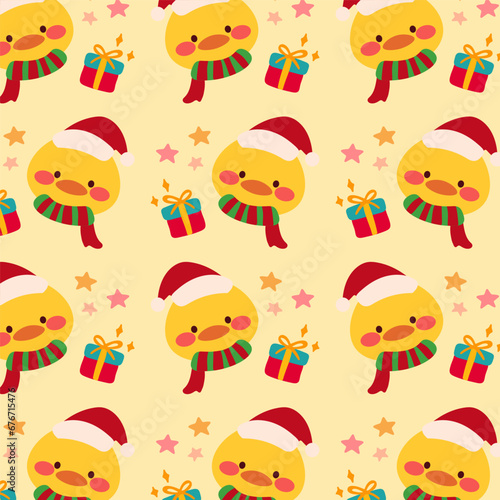 Cute seamless pattern features ducks  festive gift boxes  and star on a yellow background.