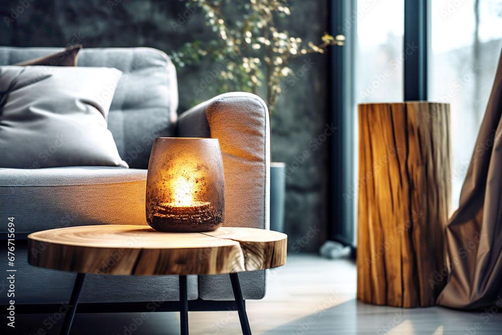 Close up of grunge glass jar with burning candle on wooden live edge accent coffee table against grey sofa. Minimalist loft home interior design of modern living room. - obrazy, fototapety, plakaty 